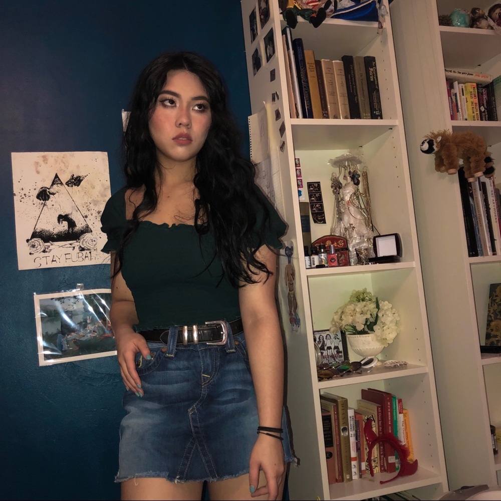 True Religion raw hem denim skirt